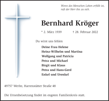 Traueranzeige von Bernhard Kröger von Neue Osnabrücker Zeitung GmbH & Co. KG