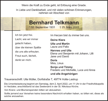 Traueranzeige von Bernhard T-elkmann von Neue Osnabrücker Zeitung GmbH & Co. KG