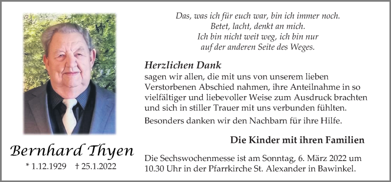  Traueranzeige für Bernhard Thyen vom 02.03.2022 aus Neue Osnabrücker Zeitung GmbH & Co. KG