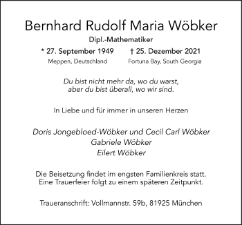Traueranzeige von Bernhard Rudolf Maria Wöbker von Neue Osnabrücker Zeitung GmbH & Co. KG