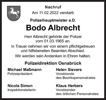 Traueranzeige von Bodo Albrecht von Neue Osnabrücker Zeitung GmbH & Co. KG
