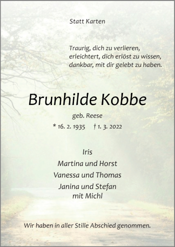 Traueranzeige von Brunhilde Kobbe von Neue Osnabrücker Zeitung GmbH & Co. KG