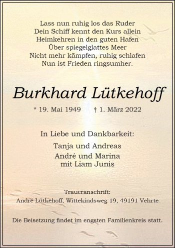 Traueranzeige von Burkhard Lütkehoff von Neue Osnabrücker Zeitung GmbH & Co. KG