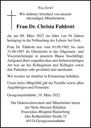 Traueranzeige von Christa Fuhlrott von Neue Osnabrücker Zeitung GmbH & Co. KG