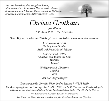 Traueranzeige von Christa Grothaus von Neue Osnabrücker Zeitung GmbH & Co. KG