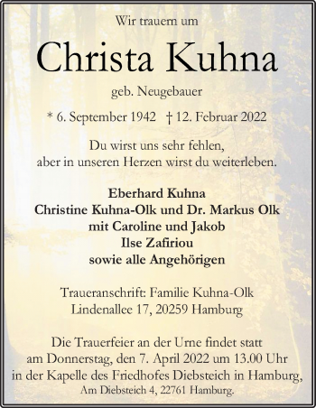 Traueranzeige von Christa Kuhna von Neue Osnabrücker Zeitung GmbH & Co. KG