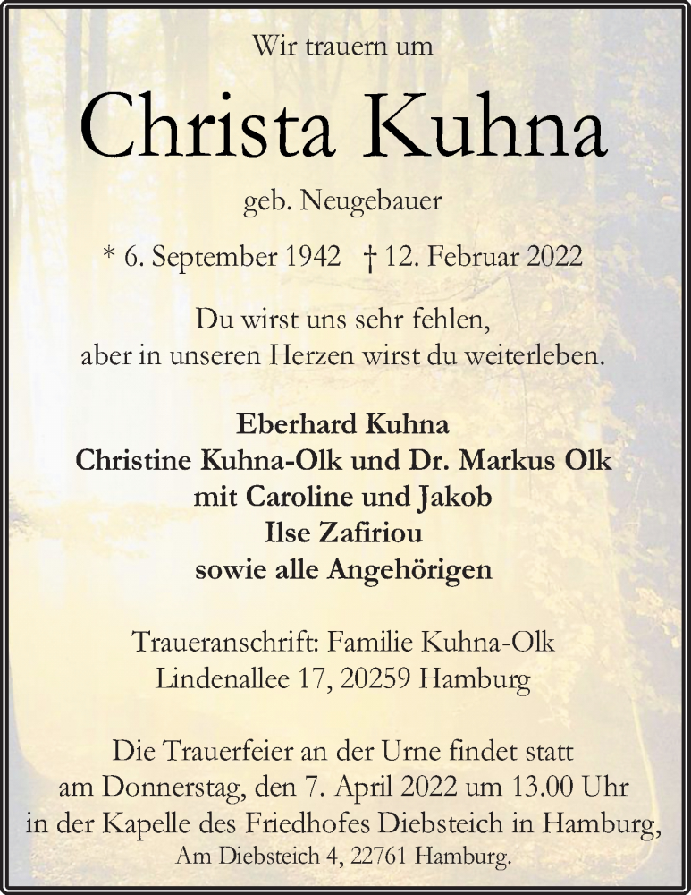  Traueranzeige für Christa Kuhna vom 26.03.2022 aus Neue Osnabrücker Zeitung GmbH & Co. KG