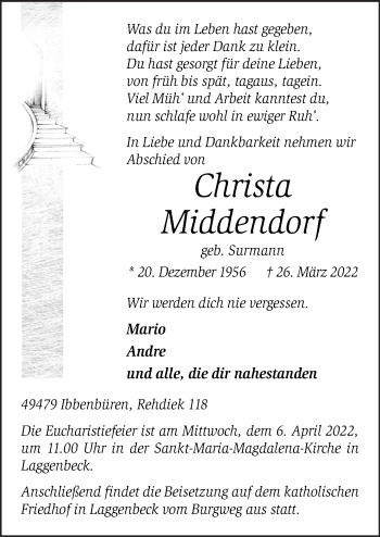 Traueranzeige von Christa Middendorf von Neue Osnabrücker Zeitung GmbH & Co. KG