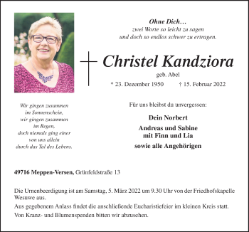 Traueranzeige von Christel Kandziora von Neue Osnabrücker Zeitung GmbH & Co. KG