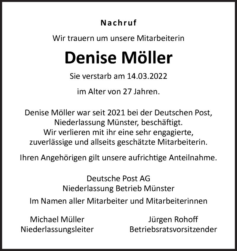  Traueranzeige für Denise Möller vom 26.03.2022 aus Neue Osnabrücker Zeitung GmbH & Co. KG