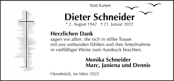 Traueranzeige von Dieter Schneider von Neue Osnabrücker Zeitung GmbH & Co. KG