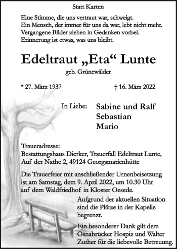 Traueranzeige von Edeltraut Lunte von Neue Osnabrücker Zeitung GmbH & Co. KG