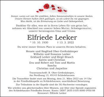 Traueranzeige von Elfriede Leeker von Neue Osnabrücker Zeitung GmbH & Co. KG