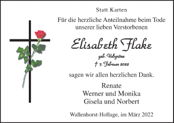 Traueranzeige von Elisabeth Flake von Neue Osnabrücker Zeitung GmbH & Co. KG