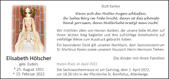 Traueranzeige von Elisabeth Hölscher von Neue Osnabrücker Zeitung GmbH & Co. KG