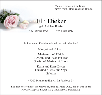 Traueranzeige von Elli Dieker von Neue Osnabrücker Zeitung GmbH & Co. KG