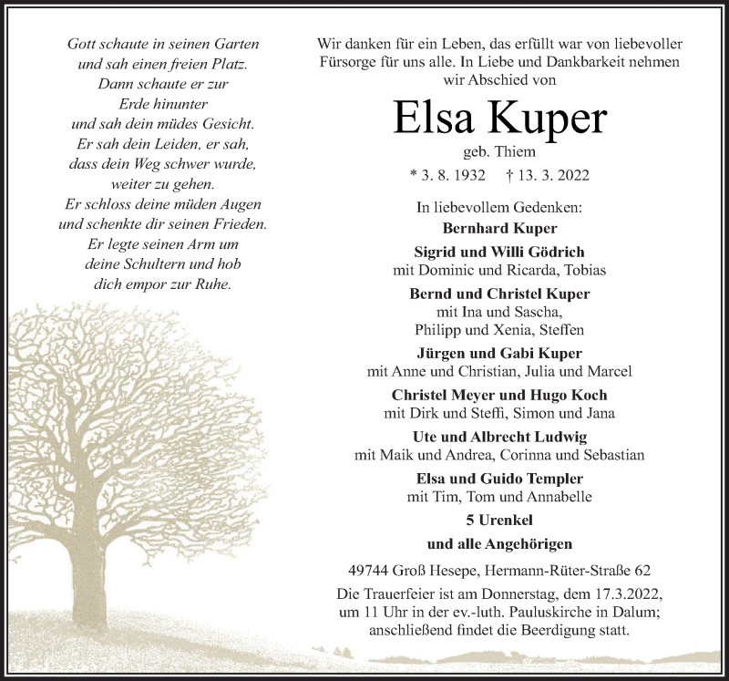  Traueranzeige für Elsa Kuper vom 15.03.2022 aus Neue Osnabrücker Zeitung GmbH & Co. KG