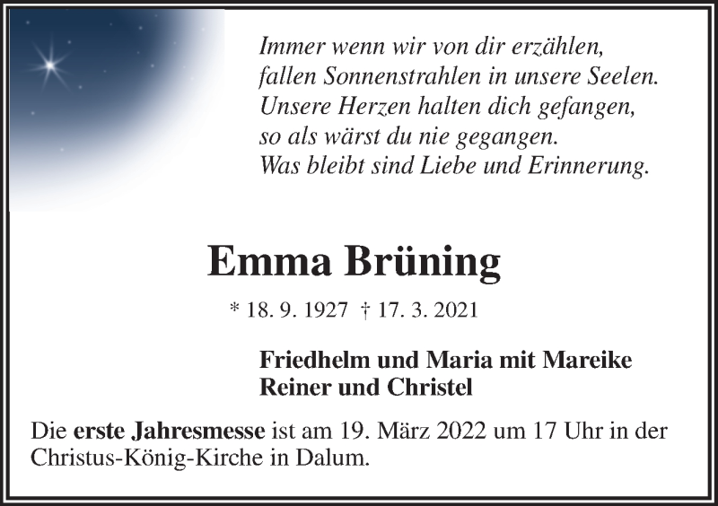  Traueranzeige für Emma Brüning vom 16.03.2022 aus Neue Osnabrücker Zeitung GmbH & Co. KG