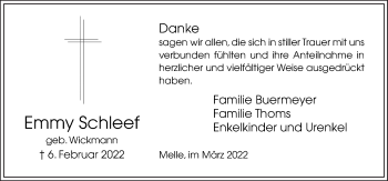 Traueranzeige von Emmy Schleef von Neue Osnabrücker Zeitung GmbH & Co. KG