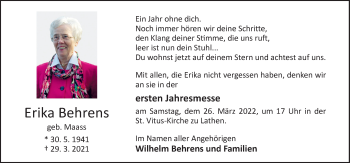 Traueranzeige von Erika Behrens von Neue Osnabrücker Zeitung GmbH & Co. KG