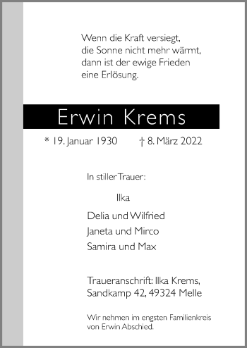 Traueranzeige von Erwin Krems von Neue Osnabrücker Zeitung GmbH & Co. KG