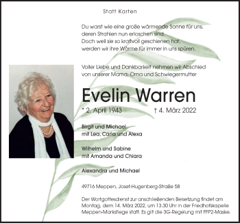 Traueranzeige von Evelin Warren von Neue Osnabrücker Zeitung GmbH & Co. KG