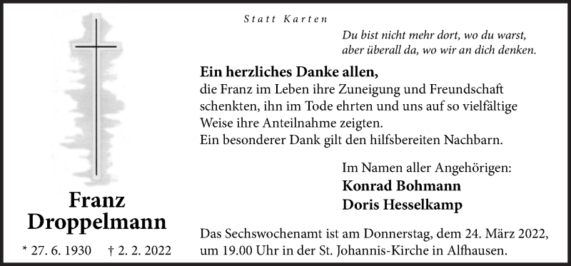  Traueranzeige für Franz Droppelmann vom 22.03.2022 aus Neue Osnabrücker Zeitung GmbH & Co. KG