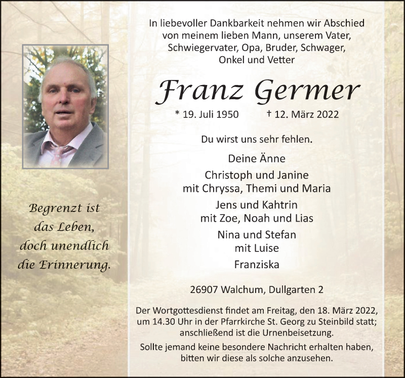  Traueranzeige für Franz Germer vom 14.03.2022 aus Neue Osnabrücker Zeitung GmbH & Co. KG