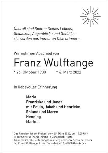 Traueranzeige von Franz Wulftange von Neue Osnabrücker Zeitung GmbH & Co. KG