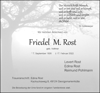 Traueranzeige von Friedel M. Rost von Neue Osnabrücker Zeitung GmbH & Co. KG