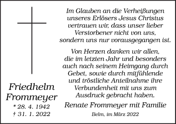 Traueranzeige von Friedhelm Frommeyer von Neue Osnabrücker Zeitung GmbH & Co. KG