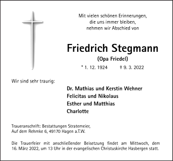Traueranzeige von Friedrich Stegmann von Neue Osnabrücker Zeitung GmbH & Co. KG