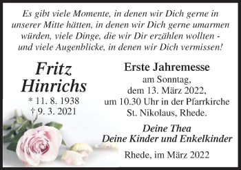 Traueranzeige von Fritz Hinrichs von Neue Osnabrücker Zeitung GmbH & Co. KG