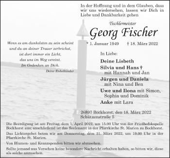 Traueranzeige von Georg Fischer von Neue Osnabrücker Zeitung GmbH & Co. KG