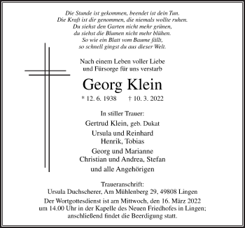 Traueranzeige von Georg Klein von Neue Osnabrücker Zeitung GmbH & Co. KG