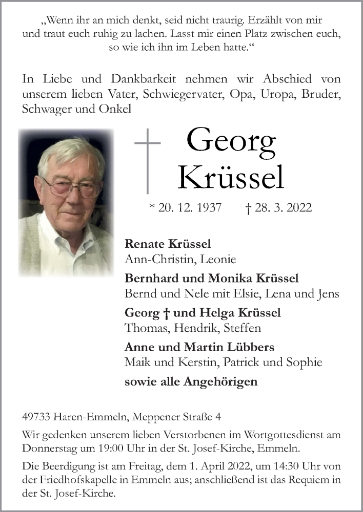  Traueranzeige für Georg Krüssel vom 30.03.2022 aus Neue Osnabrücker Zeitung GmbH & Co. KG