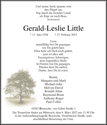 Traueranzeige von Gerald-Leslie Little von Neue Osnabrücker Zeitung GmbH & Co. KG