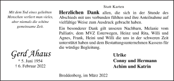 Traueranzeige von Gerd Ahaus von Neue Osnabrücker Zeitung GmbH & Co. KG