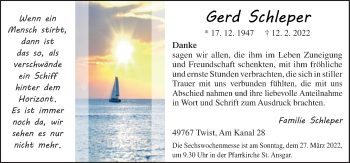 Traueranzeige von Gerd Schleper von Neue Osnabrücker Zeitung GmbH & Co. KG