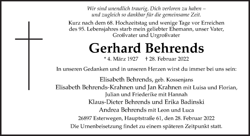  Traueranzeige für Gerhard Behrends vom 05.03.2022 aus Neue Osnabrücker Zeitung GmbH & Co. KG