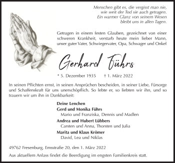 Traueranzeige von Gerhard Führs von Neue Osnabrücker Zeitung GmbH & Co. KG