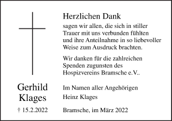 Traueranzeige von Gerhild Klages von Neue Osnabrücker Zeitung GmbH & Co. KG