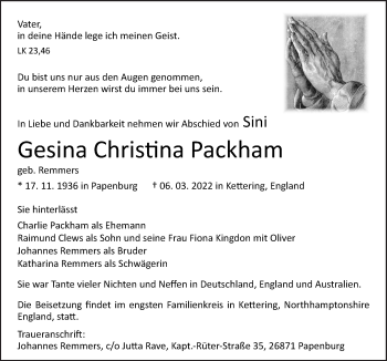 Traueranzeige von Gesina Christina Packham von Neue Osnabrücker Zeitung GmbH & Co. KG