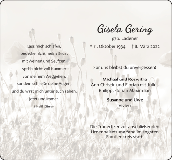 Traueranzeige von Gisela Gering von Neue Osnabrücker Zeitung GmbH & Co. KG