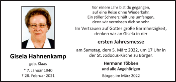 Traueranzeige von Gisela Hahnenkamp von Neue Osnabrücker Zeitung GmbH & Co. KG