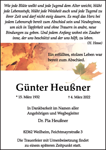Traueranzeige von Günter Heußner von Neue Osnabrücker Zeitung GmbH & Co. KG