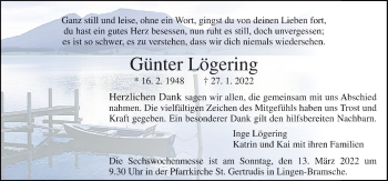 Traueranzeige von Günter Lögering von Neue Osnabrücker Zeitung GmbH & Co. KG