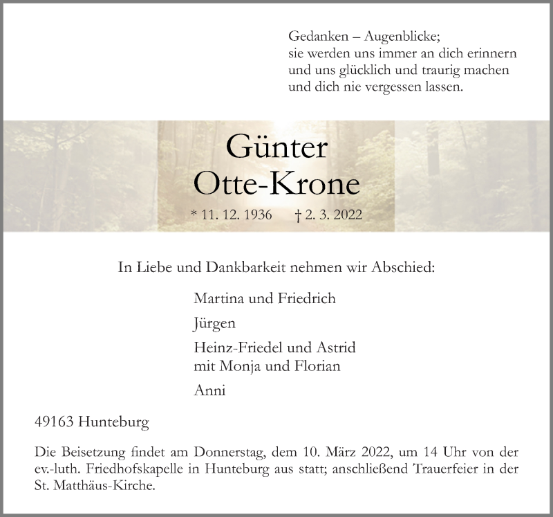  Traueranzeige für Günter Otte-Krone vom 07.03.2022 aus Neue Osnabrücker Zeitung GmbH & Co. KG