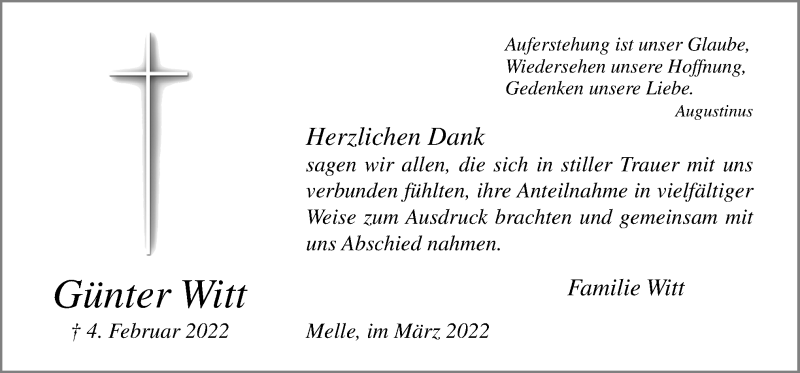  Traueranzeige für Günter Witt vom 26.03.2022 aus Neue Osnabrücker Zeitung GmbH & Co. KG