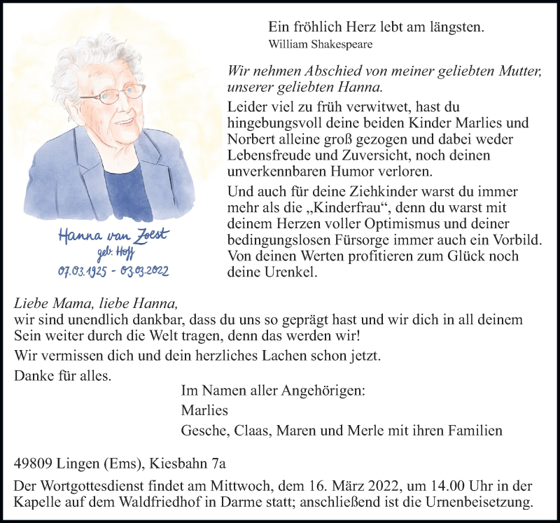  Traueranzeige für Hanna von Zolst vom 12.03.2022 aus Neue Osnabrücker Zeitung GmbH & Co. KG